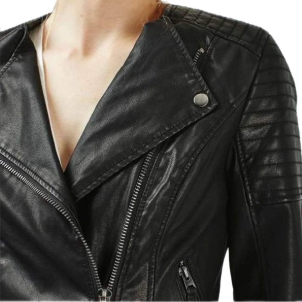 TOPSHOP Women's Black Polly Faux-Leather Biker Jacket Size 4 - Picture 3 of 10